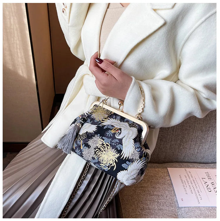 Fashion Vintage Fringe Bag Small Shell Bags Chain Women Shoulder Crossbody Bag Crane Flying Women's Handbags Purses
