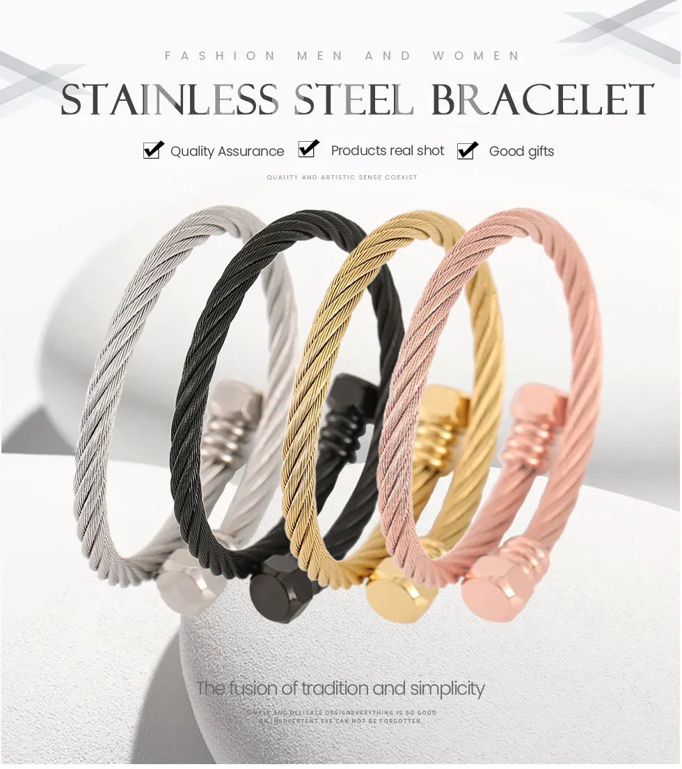 Fashion High Quality Stainless Steel Braided 4 Colors Bangle Men Hip Hop Party Rock  Steel Wire Screw Screw Head Patter Jewelry
