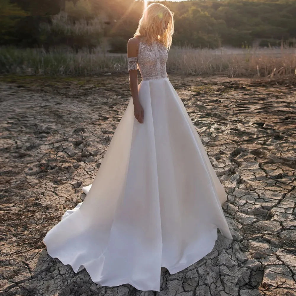 DREAM Customized Satin Bohemian Wedding Dress For Brides 2025 Off The Shoulder Lace Halter Bridal Gown With Detachable Sleeves