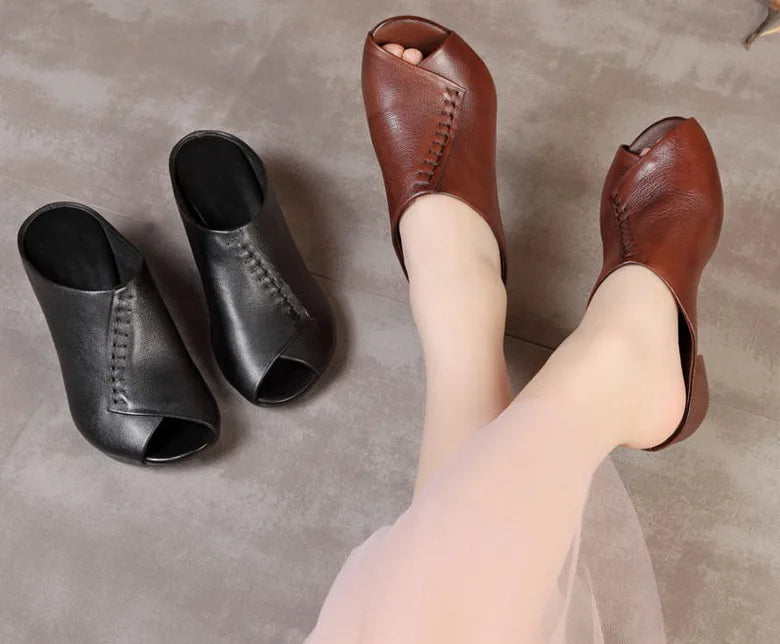 Original Design Women Sandals 2021,Fashion Summer Mid Heels,Peep toe Slippers Shoes,Microfiber Leather,BLACK,BROWN,Dropshipping
