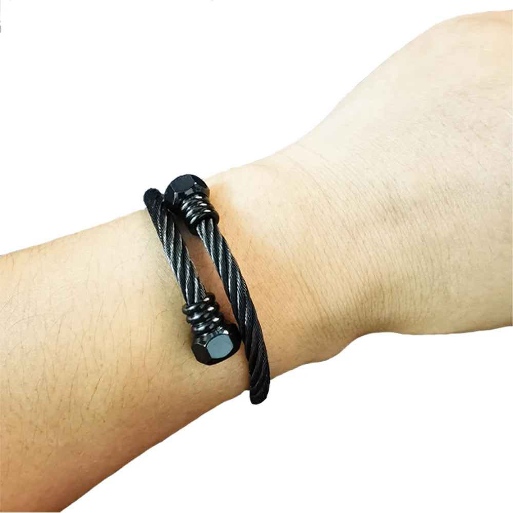 Fashion High Quality Stainless Steel Braided 4 Colors Bangle Men Hip Hop Party Rock  Steel Wire Screw Screw Head Patter Jewelry