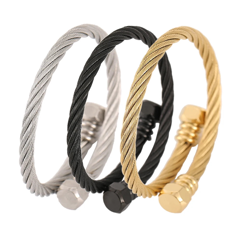 Fashion High Quality Stainless Steel Braided 4 Colors Bangle Men Hip Hop Party Rock  Steel Wire Screw Screw Head Patter Jewelry