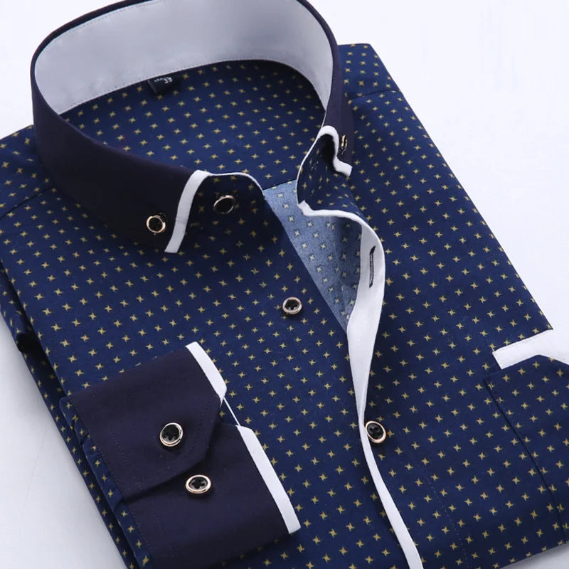 2025 Men Shirt Fashion Formal Shirts for Men Long Sleeved Printed Slim Fit Male Social Business Dress Shirt Drop Shipping MY199