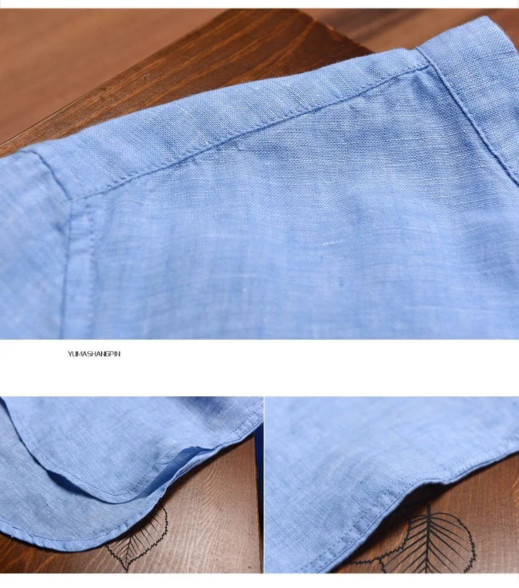 New design brand clothing 100% Linen Men shirt Casual shirts for men short sleeve stand collar top mens camisa masculina chemise