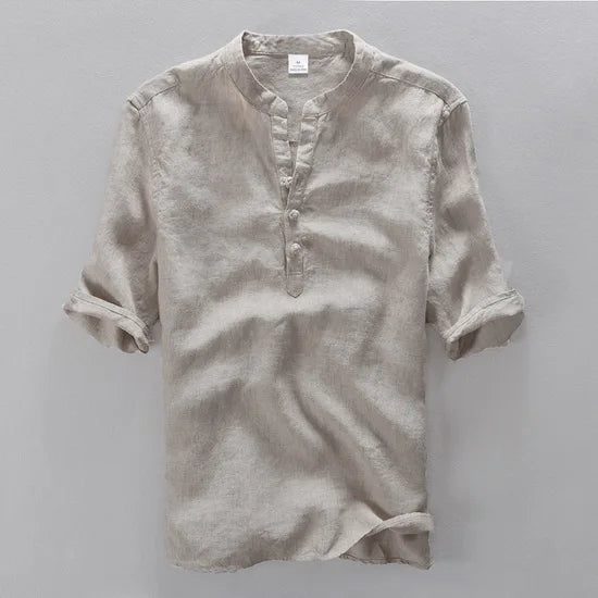 New design brand clothing 100% Linen Men shirt Casual shirts for men short sleeve stand collar top mens camisa masculina chemise