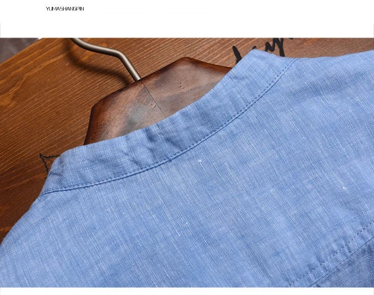New design brand clothing 100% Linen Men shirt Casual shirts for men short sleeve stand collar top mens camisa masculina chemise