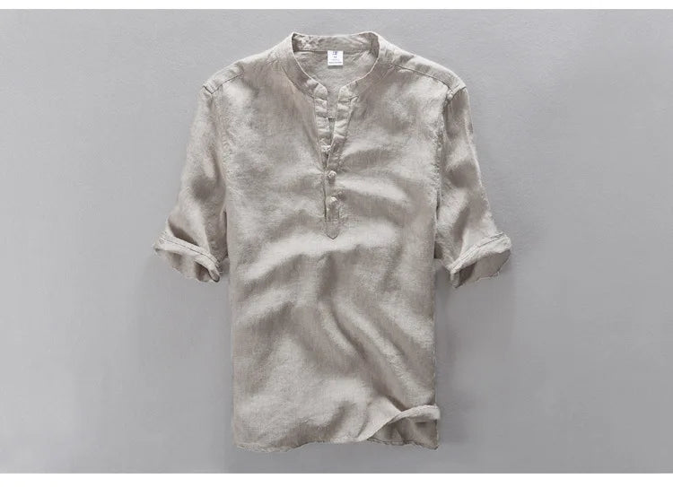 New design brand clothing 100% Linen Men shirt Casual shirts for men short sleeve stand collar top mens camisa masculina chemise