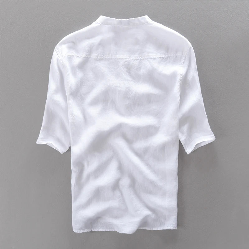 New design brand clothing 100% Linen Men shirt Casual shirts for men short sleeve stand collar top mens camisa masculina chemise