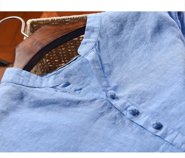 New design brand clothing 100% Linen Men shirt Casual shirts for men short sleeve stand collar top mens camisa masculina chemise