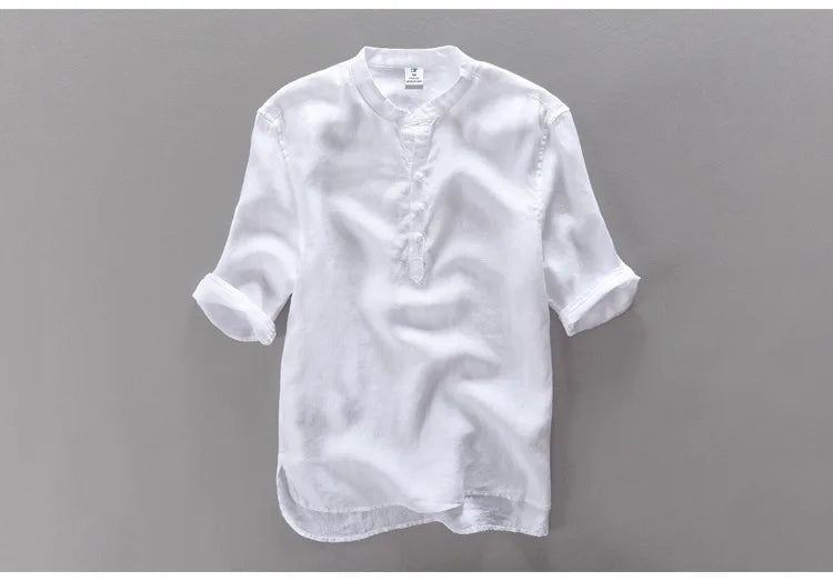 New design brand clothing 100% Linen Men shirt Casual shirts for men short sleeve stand collar top mens camisa masculina chemise