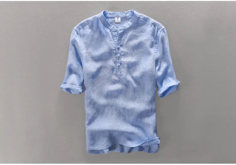 New design brand clothing 100% Linen Men shirt Casual shirts for men short sleeve stand collar top mens camisa masculina chemise