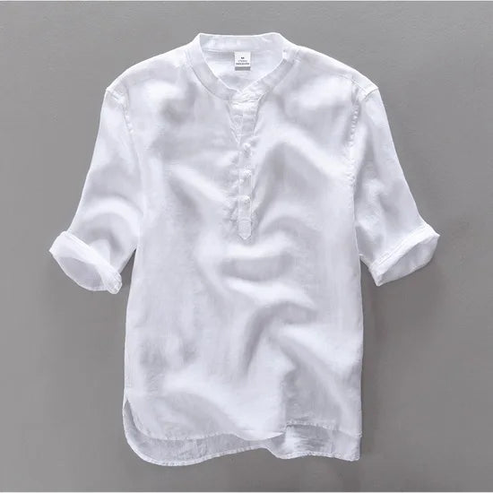 New design brand clothing 100% Linen Men shirt Casual shirts for men short sleeve stand collar top mens camisa masculina chemise