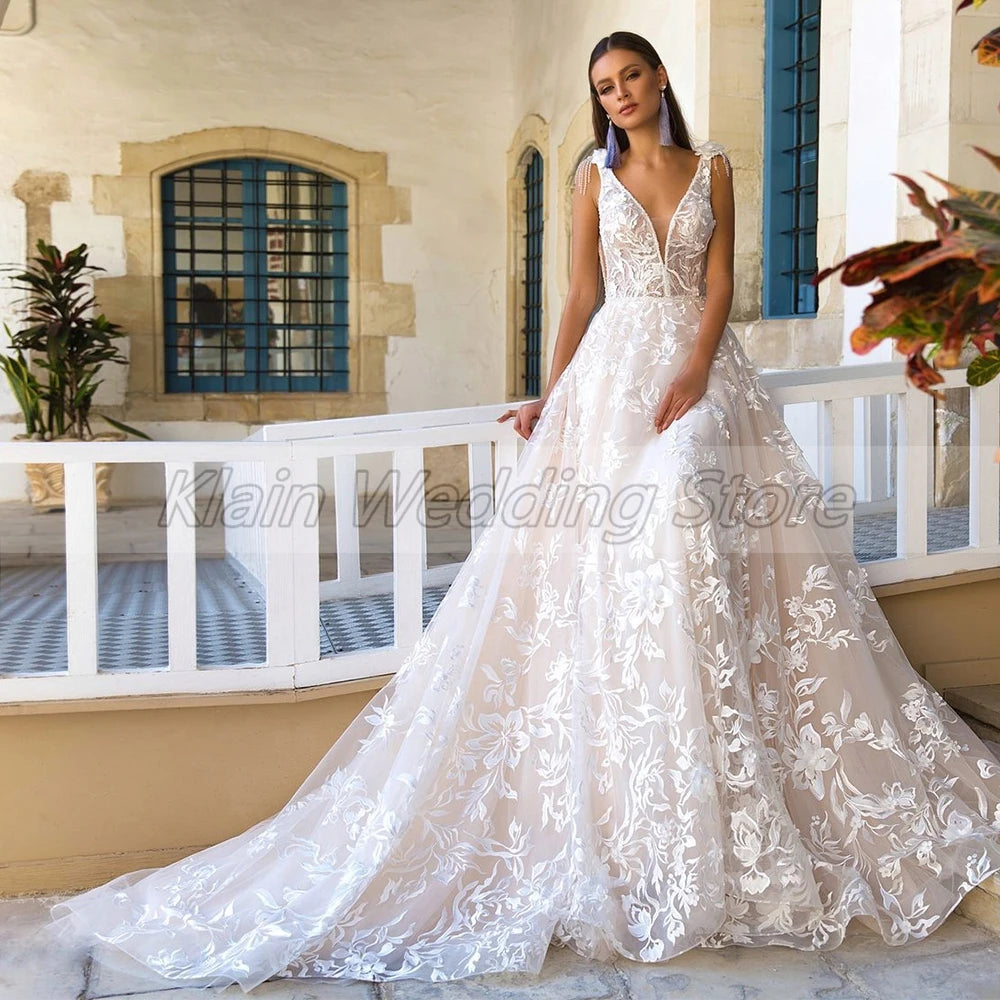 Customized Bridal Gown A-line Tulle Appliques Lace Wedding Dress V-neck Sleeveless Exquisite High Quality Backless Dresses Women
