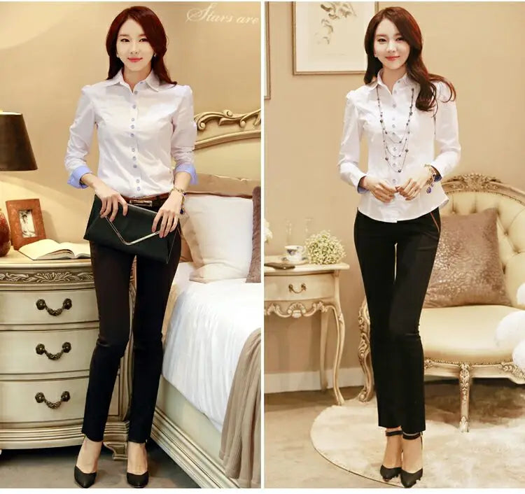 White Blouse Women Cotton Office Career Shirts Tops Fashion Casual Long Sleeve Blouses Women Business Shirt Size 5XL