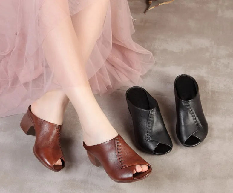 Original Design Women Sandals 2021,Fashion Summer Mid Heels,Peep toe Slippers Shoes,Microfiber Leather,BLACK,BROWN,Dropshipping