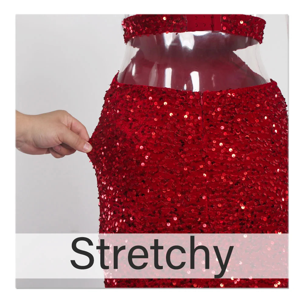 Romagic Sexy Backless Velvet Sequined Sleeveless Stretch Women Dresses Split Strapless Evening Prom Gown Party Dress