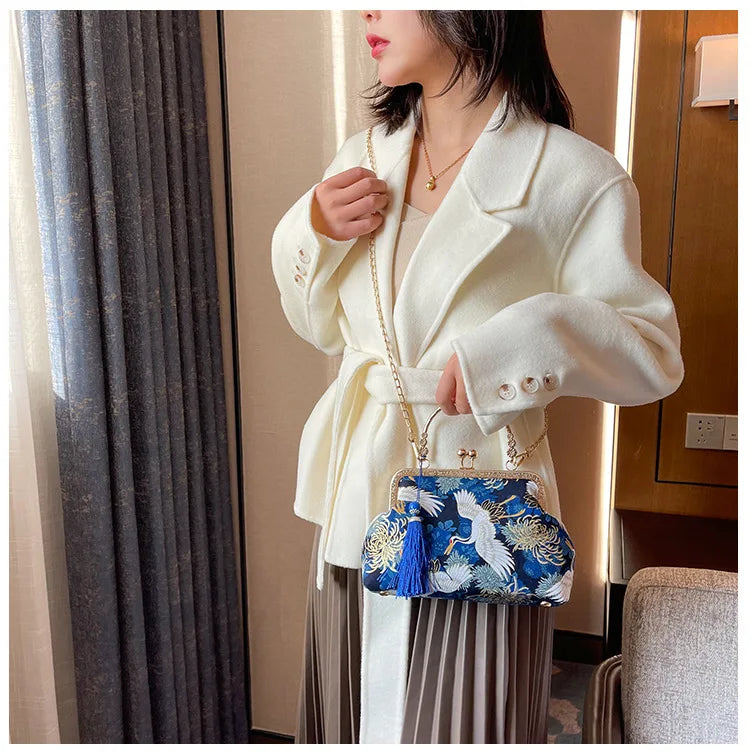 Fashion Vintage Fringe Bag Small Shell Bags Chain Women Shoulder Crossbody Bag Crane Flying Women's Handbags Purses