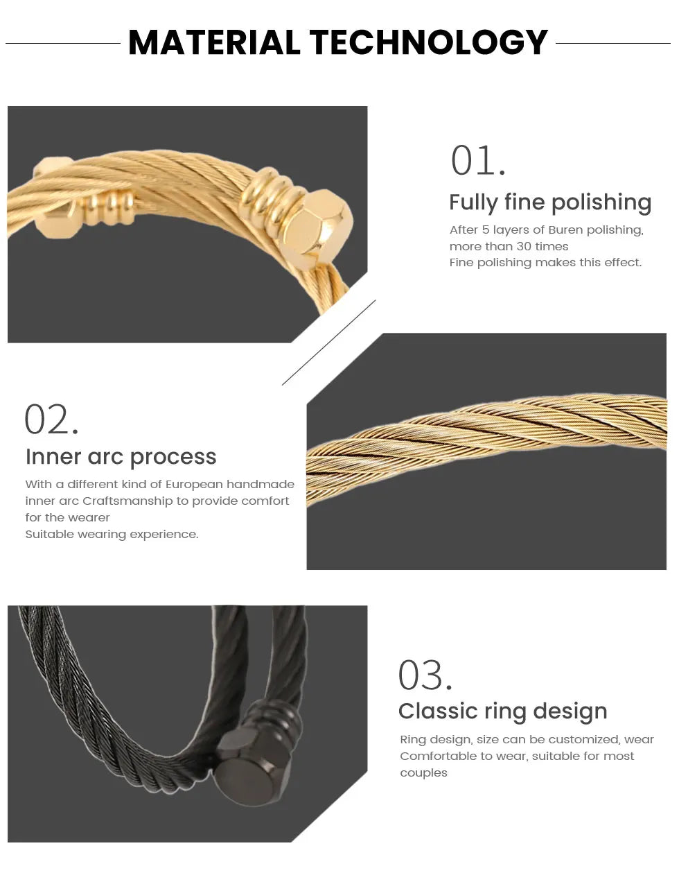 Fashion High Quality Stainless Steel Braided 4 Colors Bangle Men Hip Hop Party Rock  Steel Wire Screw Screw Head Patter Jewelry