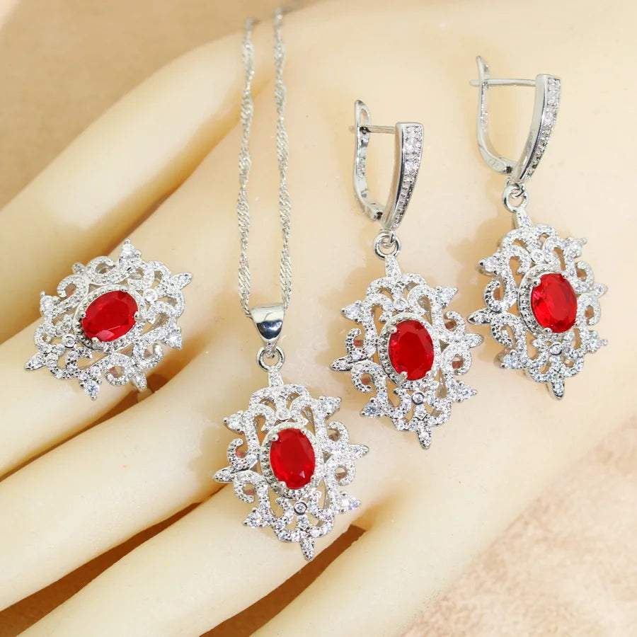Bridal Jewelry Sets for Women Green Crystal Silver 925  Earrings Necklace Pendant Ring Wedding Gift