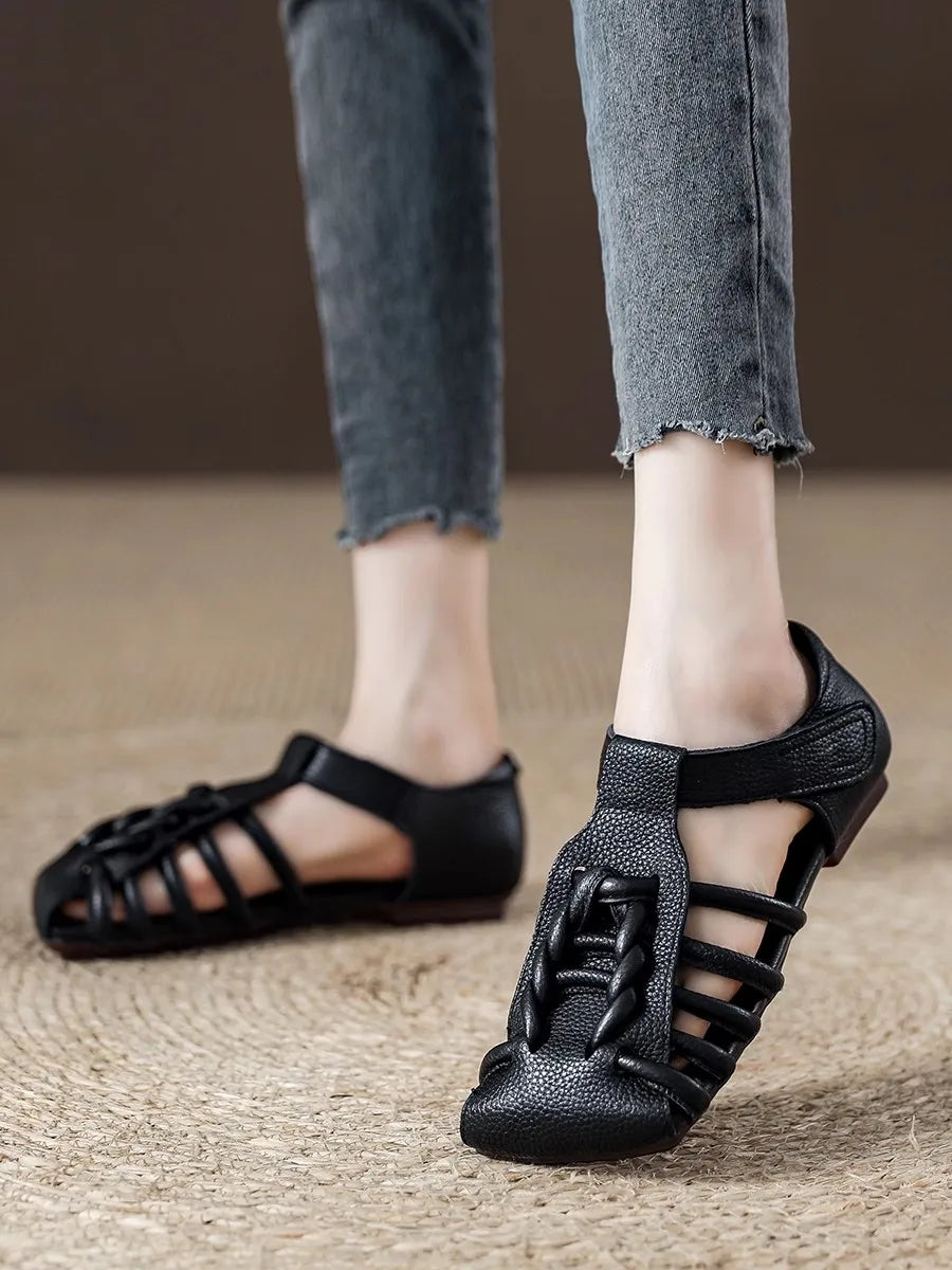 Genuine  Sandals Women Handmade Woven Literary Style Hollow Flat Roman Sandals Ladies Summer Shoes Sandalias
