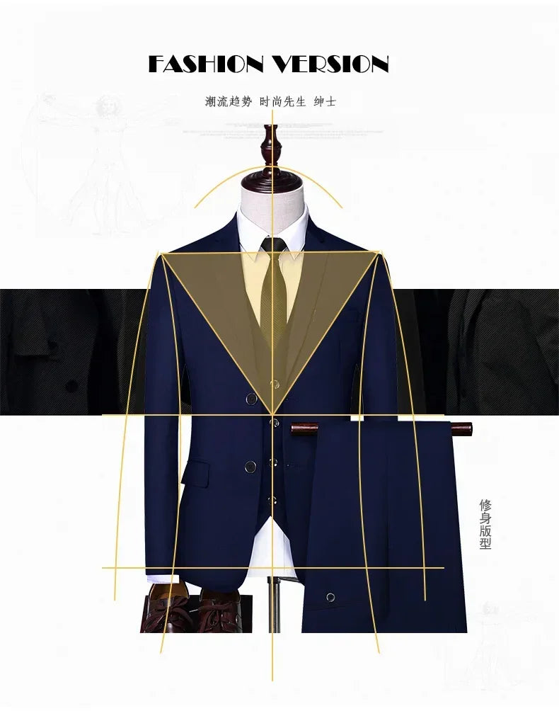 Suit Outdoor(Blazer+ Vest + Pants) Men's Formal Wedding Best Man Working Gentleman Fashion Slim Solid Color Business Office Suit
