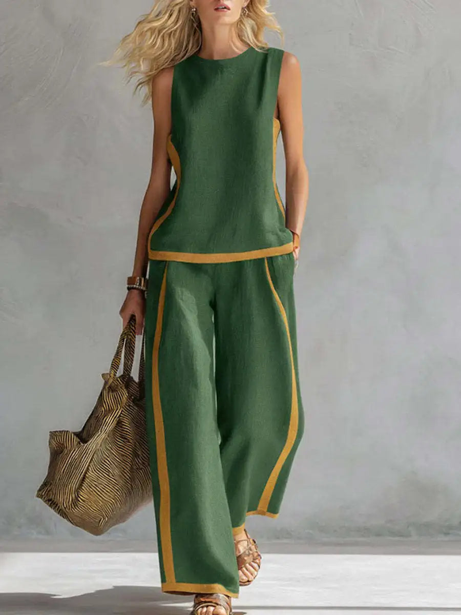 Summer New Women's Tracksuit Suit O-neck Sleeveless Vest Wide-leg Loose Pants Set Female Casual Elegant Ladies Two Piece Sets
