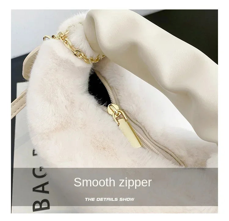 Women Faux Fur Plush Handbags Ruched Handle Small Lady Shoulder Crossbody Bag Casual Tote Half-Moon Hobos Winter Bags for Women