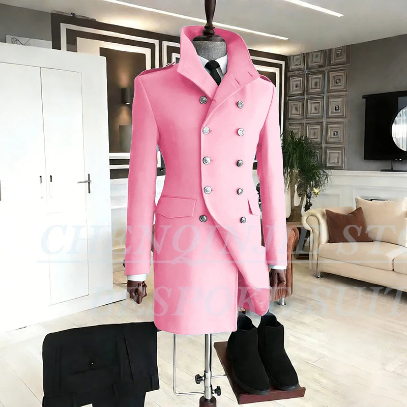 Casual Men's Suits 2 Piece Jacket Pants Grey Double Breasted Stand Lapel Luxury Blazer