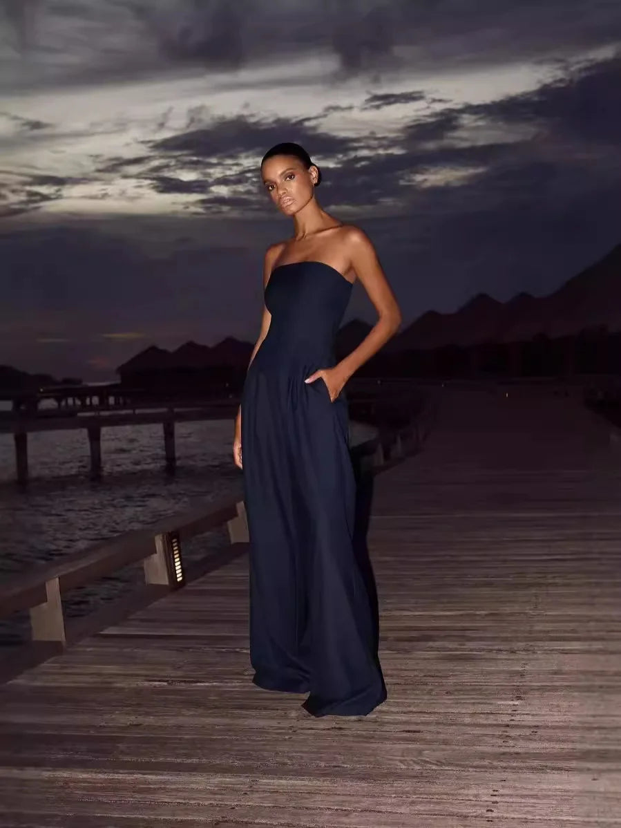 Summer Women Jumpsuit Fashion Strapless Solid Color Sleeveless Bandeau Loose Wide Legs Pants Casua Romper High Streetwear