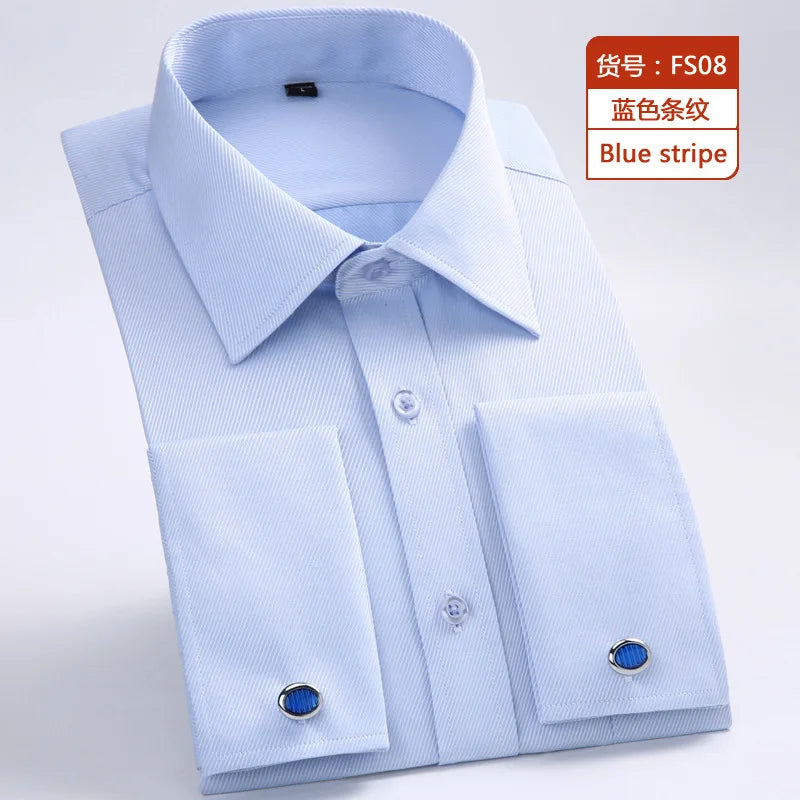 Men's Blue Long-sleeved Dress Shirts, Single-breasted Lapel Vertical Striped Shirt Men, White,Purple,Black,Pink,Yellow Optional