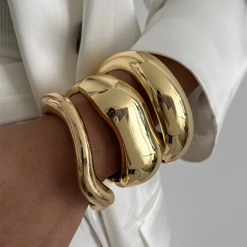 Wide Cuff Bangles Punk Gold Silver Color Geometric Metal Large Bangles for Women Bracelets Men Exaggerated Luxury Jewelry