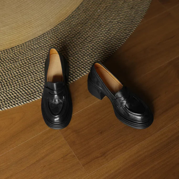 Women Chunky Heel Genuine Leather Wedge Shoes Woman Platform Pumps Female High Heel Zapatos Mujer Handmade thick sole Loafers