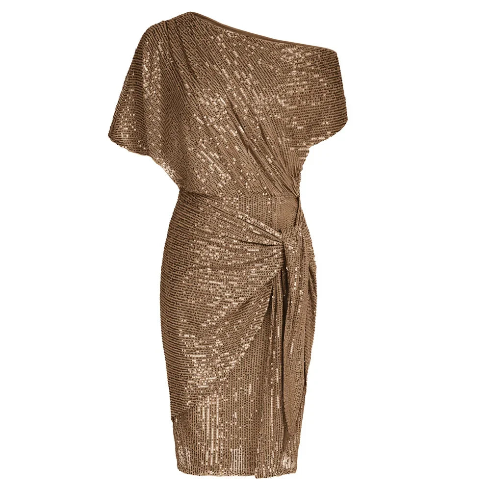 Elegant Party Dress Cocktail Dresses for Women Sequined Summer Ruched Short Sleeve Asymmetric Off Shoulder Bodycon Dress Vestido