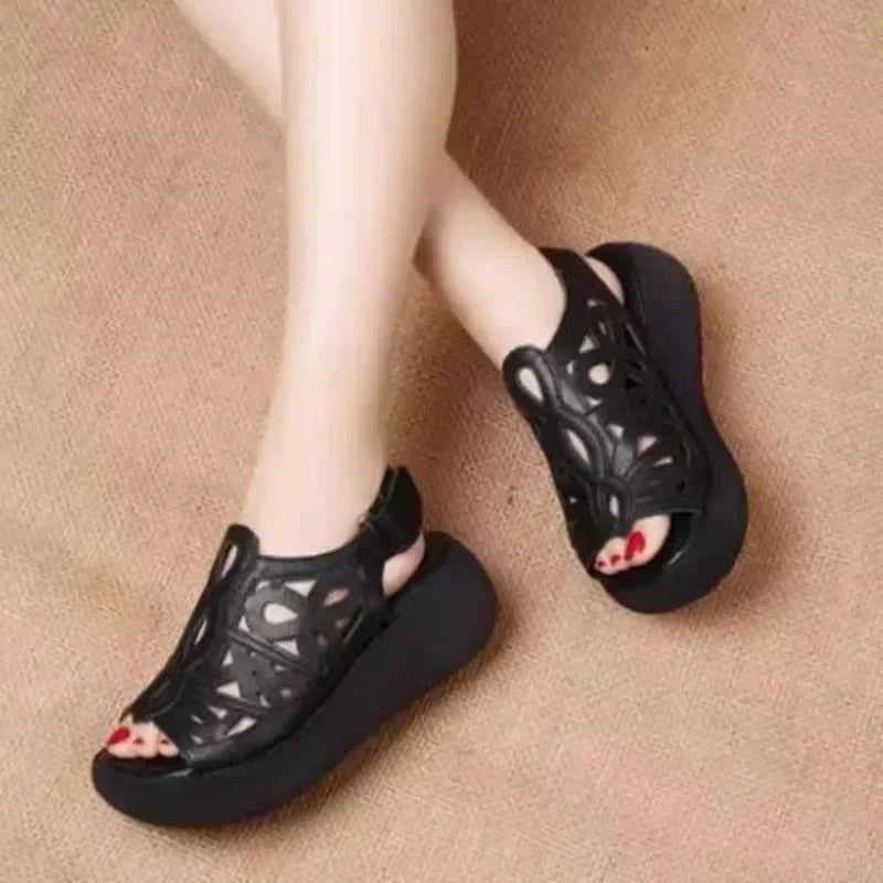Designer Women Sandals Soft Leather Wedges Shoes for Women Summer Retro Sandals Luxury Casual Shoes Female Heels Wedge Sandalias