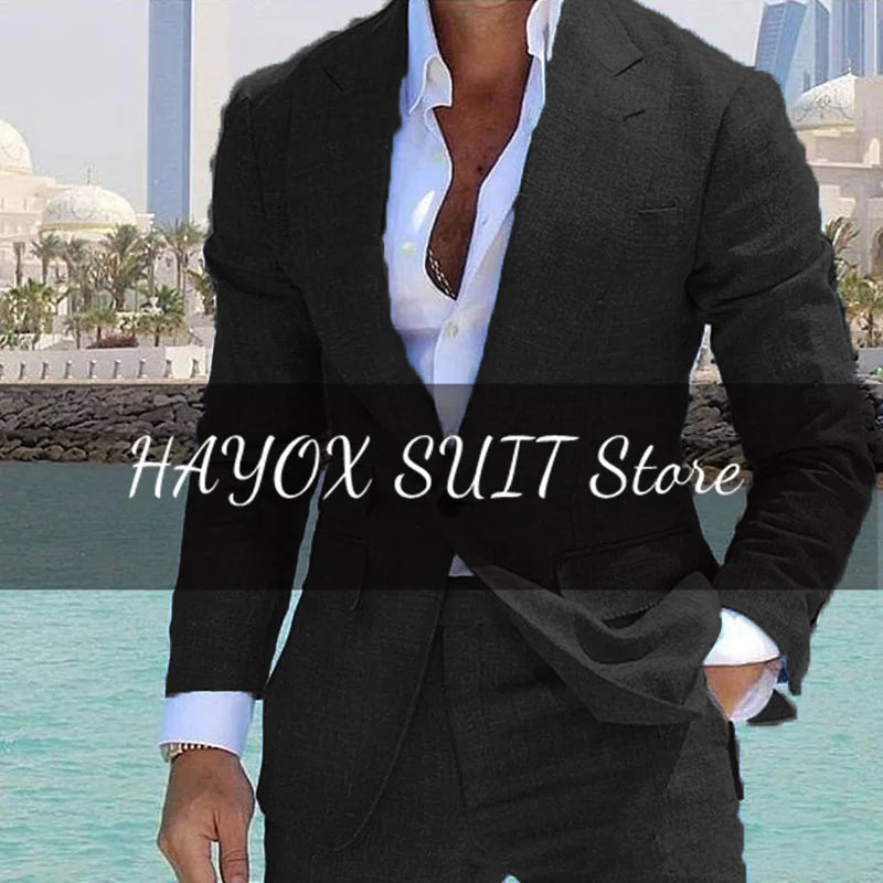 Men's Suit 2 Piece Set Linen Lapel Slim Fit Single Button Casual Comfortable Suit Formal Groom Best Man Dress Elegant and Stylis