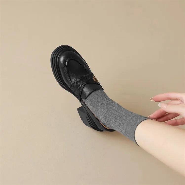 Women High Heel Shoes 2025 Retro Spring Autumn Performance Causal Women's Loafers Fashion Versatile Pumps Ladies Leather Shoes