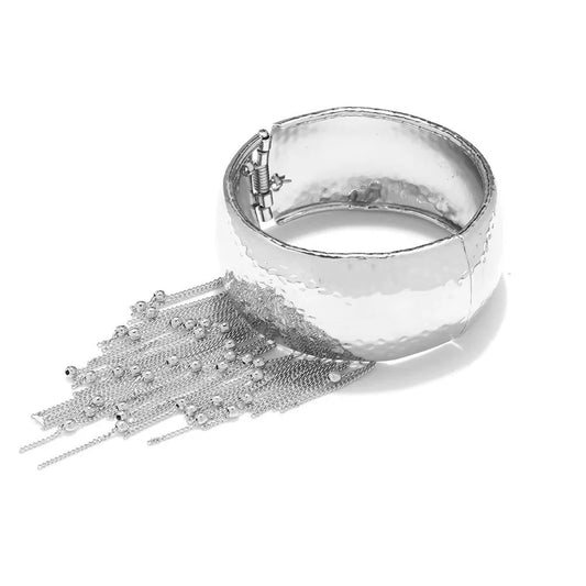 Exaggerated Beads Silver Metal Bangle Tassels Chains Beads Chains Wide Tassels Bracelets Women