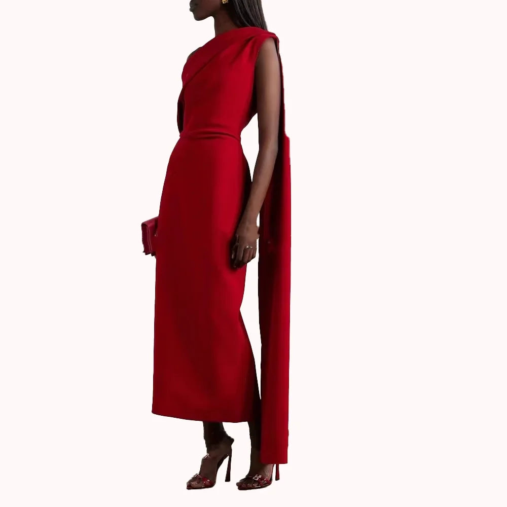Women's Red Evening Dresses Satin One Shoulder Party Dresses 2025 Backless Mermaid Side Straps With Long Ribbons Customized