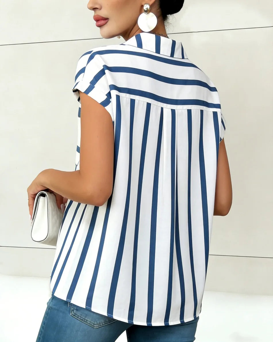 Women's Blouse Shirt Summer Top Navy White Top Vertical Stripe V Neck Short Sleeve Sleek Stylish Daily Shirt Casual Tops