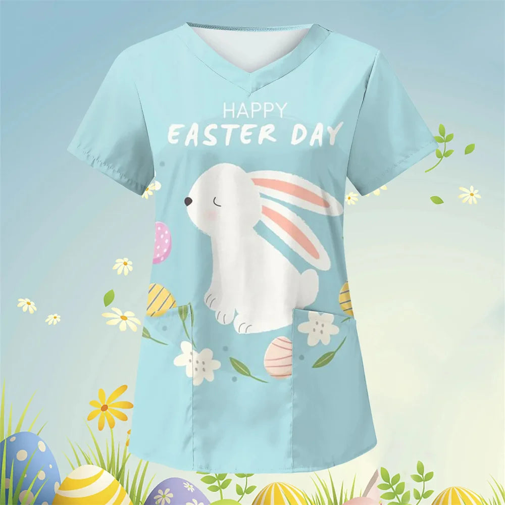 Scrubs Medical Uniforms Cute Cartoon Bunny Print High Quality Medical Uniforms for Women Short Sleeve Dental Medical Uniforms
