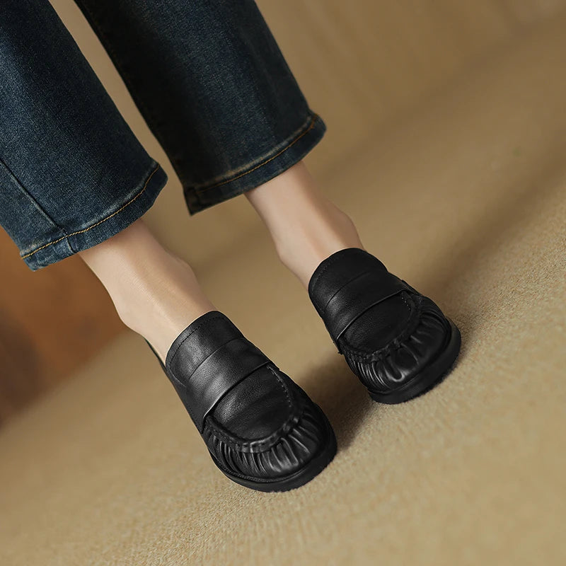 Women Shoes Spring Simple Shoes Soft Flats Slip On Girl Pleated Footwear Handmade Round Toe Genuine Leather Cozy Vintage Shoes