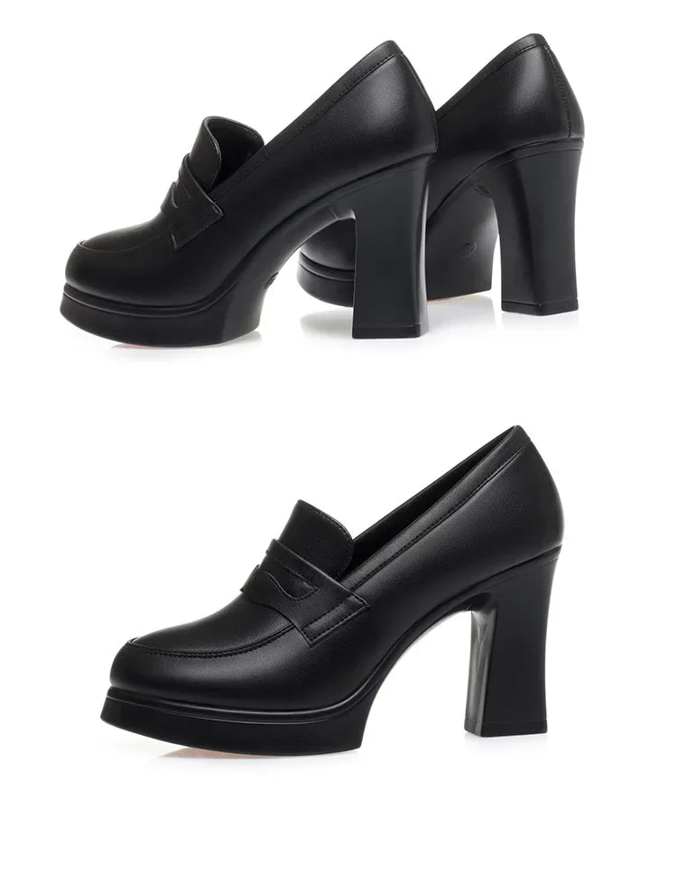 High Heels for Women 2025 Spring Slip on Pointed Toe Platform Heels Chunky Loafers Woman Black PU Leather Uniform College Shoes