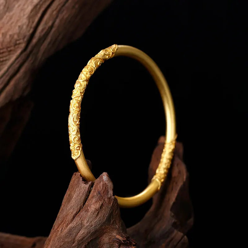 Retro Chinese Gold-plated Brass Bangle for Women Ancient Hand Craving Traditional Auspicious Patterns Luxury Jewelry Couple Gift