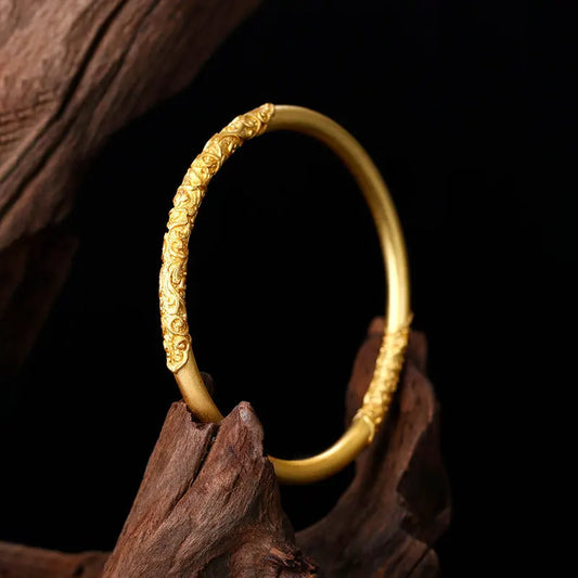Retro Chinese Gold-plated Brass Bangle for Women Ancient Hand Craving Traditional Auspicious Patterns Luxury Jewelry Couple Gift