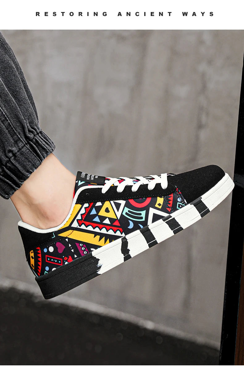 YRZL Men's Sports Running Shoes Canvas Geometric Style Lace-Up Sneakers Couples' Fashionable Graffiti Print Skate Shoes Men