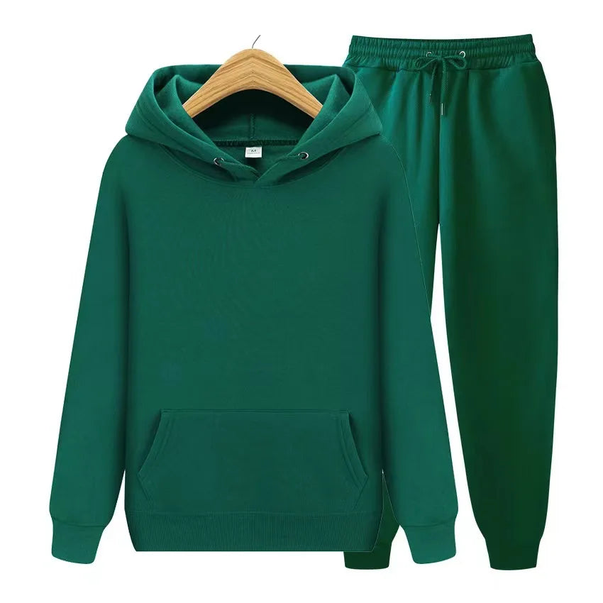 New Men Women Tracksuit Hoodies Casual Solid Color Thick Pullover and Long Pant 2-piece Set Men Autumn Fleece Jogger Sports Suit