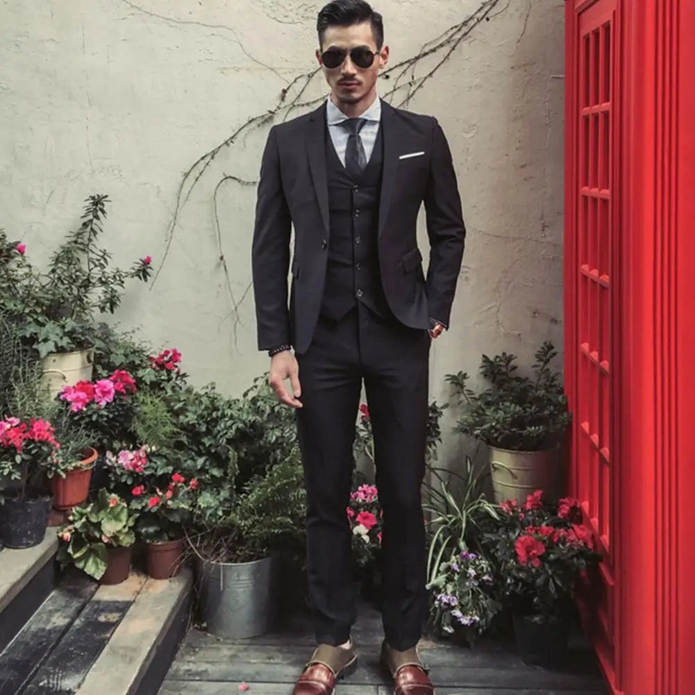 Men Three piece Suit Formal Business Suit Pants Set Solid Color Slim Fit Turn down Collar Anti wrinkle Groom Wedding Suit