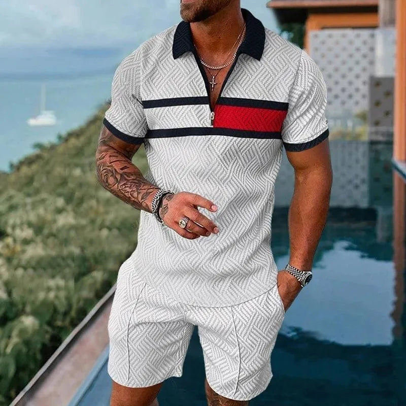 Men's Polo Tracksuit Set Summer Fashion Men Short Sleeve Zipper Polo Shirt&Shorts Set for Men Casual Streetwear 2 Piece Suit
