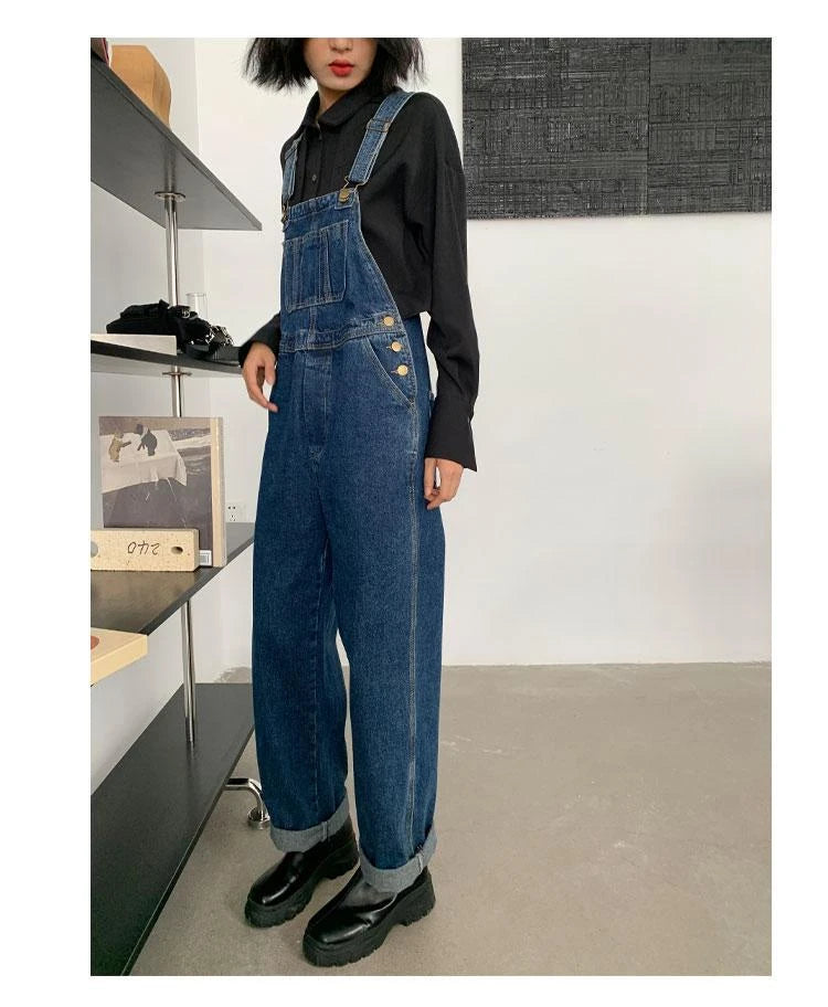 Jumpsuits Women Dark Blue Vintage Streetwear Harajuku Casual Fashion High Waist Loose Overalls Ulzzang Denim Suspenders Trousers