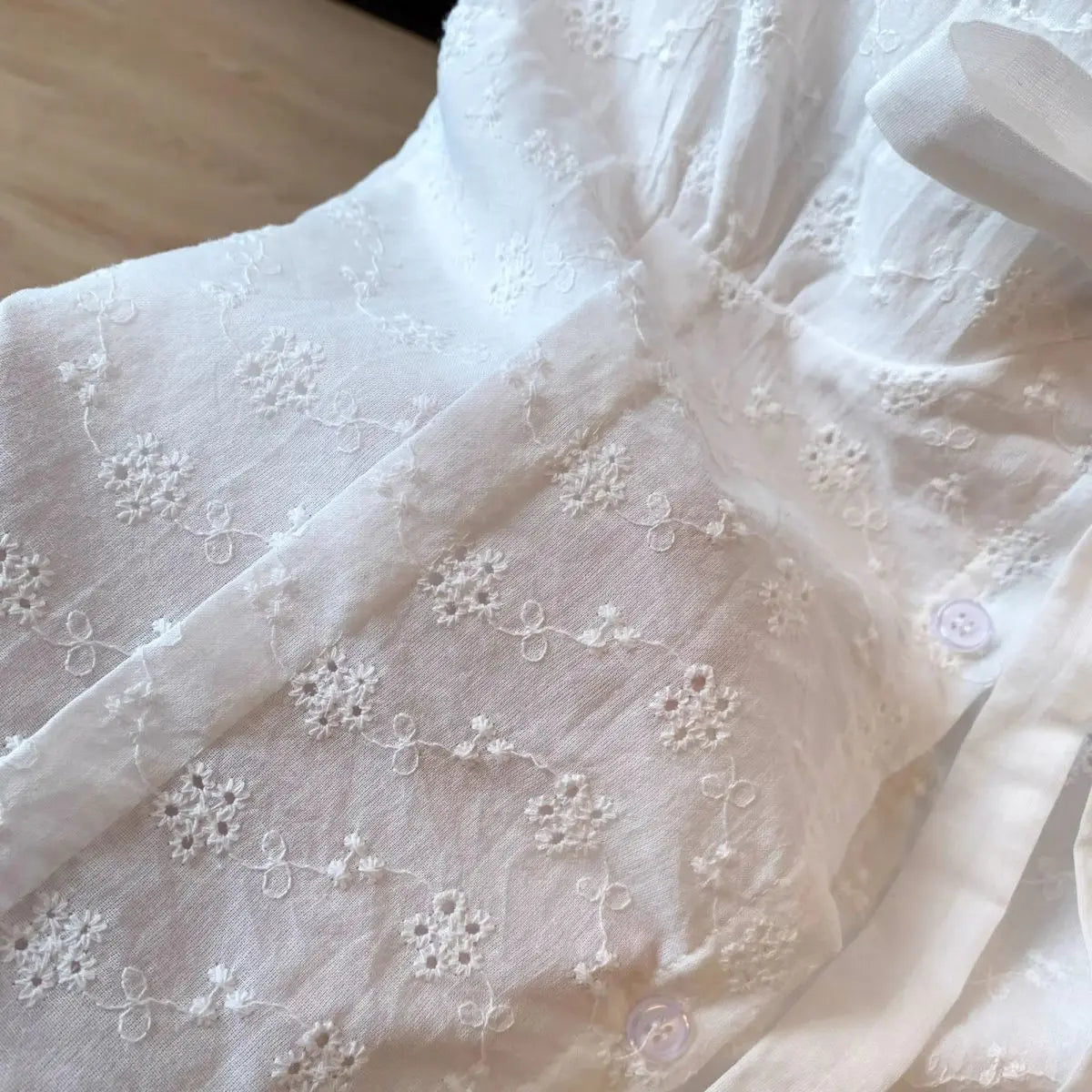 Women's White Floral Embroidery Blouse with Shirts Tie-Waist Detail Blouse